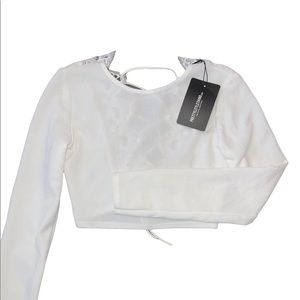 White Lace Up Back Long Sleeve Crop Top- Size US 6/UK 10